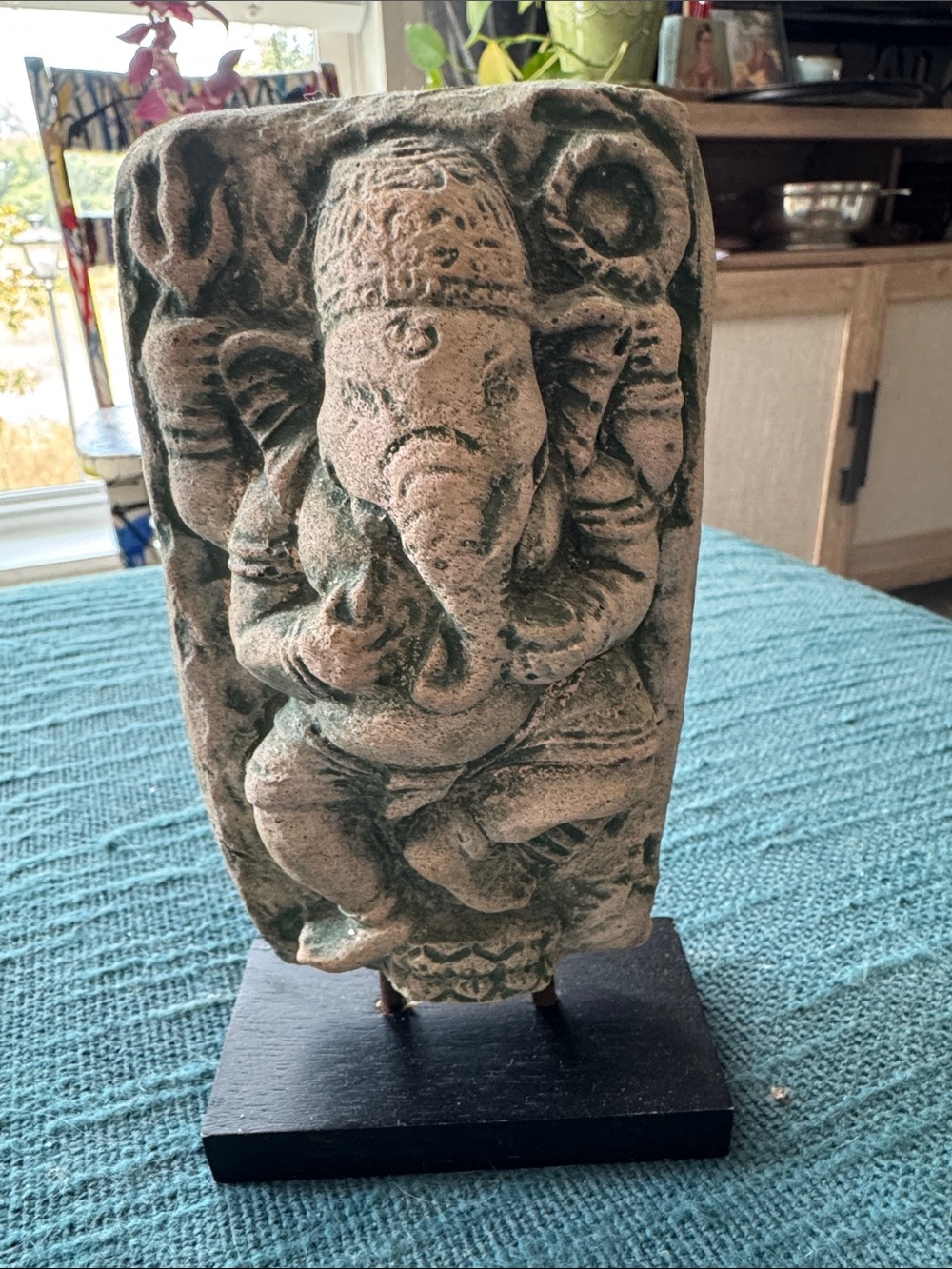 Handcrafted Elephant Ganesha Stone Sculpture - Green and Beige 3 x 6 inches